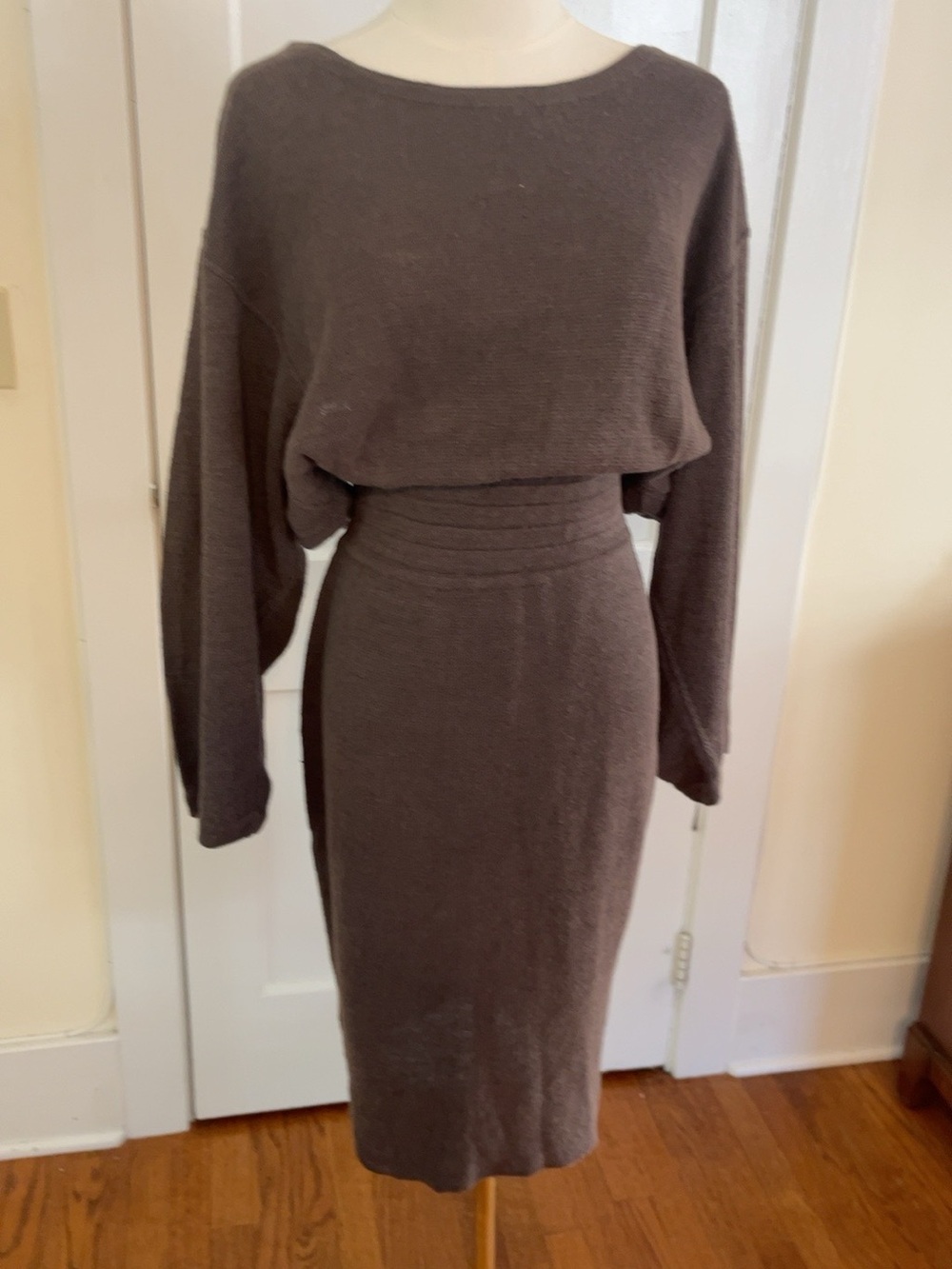 Vintage Azzedine Alaïa Paris Brown Knit Bodycon Corset Waist Midi Dress XS 6053